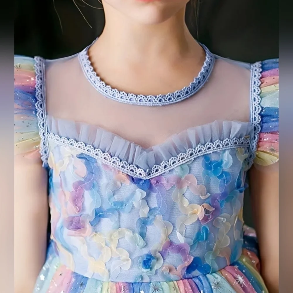 Girls Colorful Ruffled Mesh Dress Light Blue